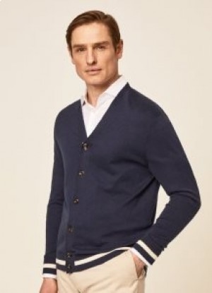  Hackett Heren Katoen Zijde Cardigan Breiwerk Marineblauw