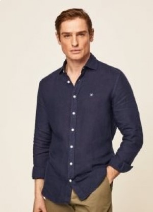  Hackett Slim Fit Linnen Heren Overhemden Marineblauw