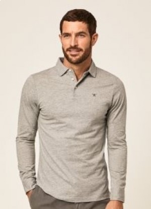  Tricou polo Hackett Slim Fit cu mânecă lungă pentru bărbați, gri deschis