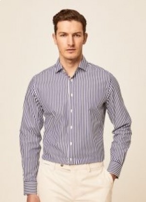  Chemises en coton à rayures Bengal Slim Fit Hackett pour hommes Blanc Bleu marine