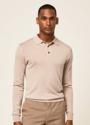  Polo de manga larga de seda y lana merino de Hackett para hombre, gris y marrón